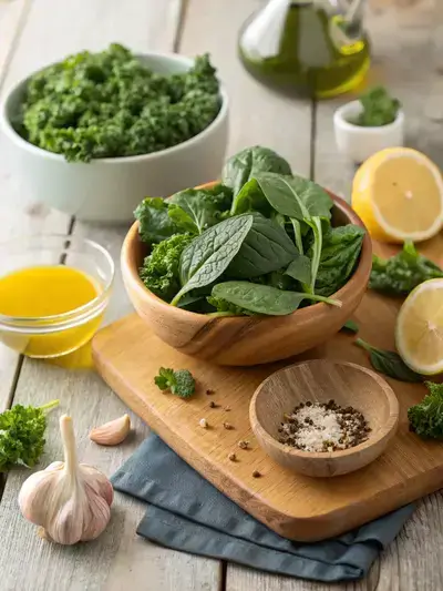 Fresh ingredients for minted greens on a wooden kitchen table, including spinach, kale, mint, olive oil, lemon, garlic, and seasoning.