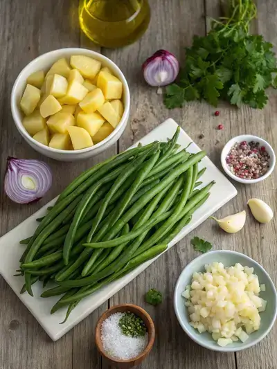 A vibrant display of fresh string beans, diced potatoes, garlic, onion, olive oil, butter, and parsley on a rustic kitchen table.