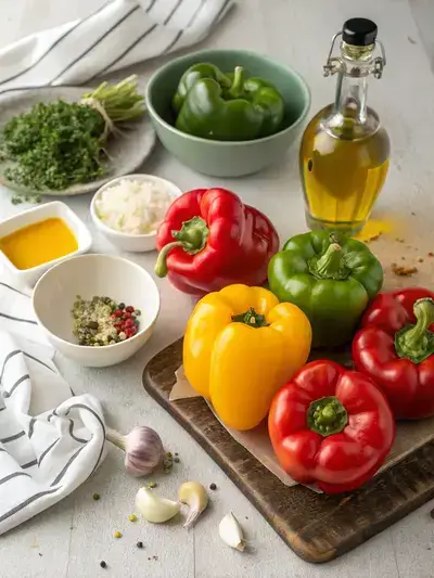 A colorful display of fresh ingredients for a sweet pepper dish, including sliced sweet peppers, minced garlic, sliced onion, and herbs on a kitchen table.