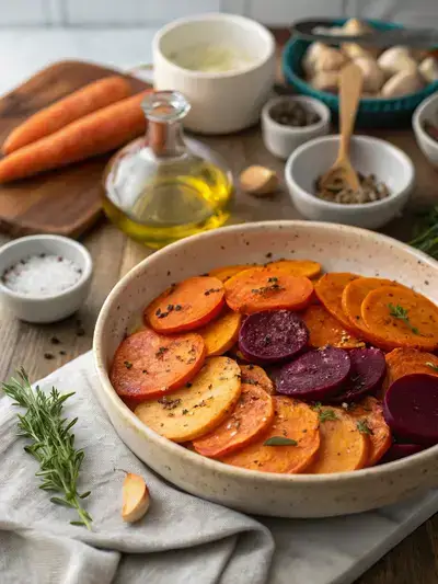 A colorful assortment of sliced sweet potatoes, beets, and carrots on a kitchen table, ready for making veggie chips.