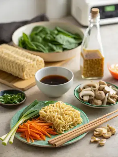 A vibrant arrangement of ramen ingredients on a kitchen table, including noodles, broth, vegetables, and seasonings.
