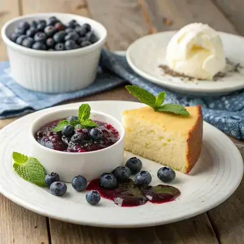 Fresh blueberries and compote in a bowl with mint garnish.