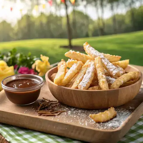 Funnel cake fries arranged on a plate with powdered sugar and a chocolate dip.