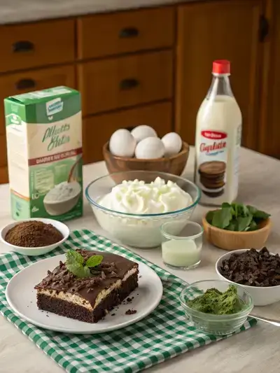 Ingredients for CHOCOLATE MINT POKE CAKE displayed on a kitchen table.