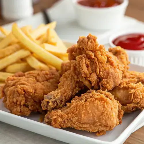 Plate of golden-brown broasted chicken with overlapping pieces and a side of French fries and ketchup.
