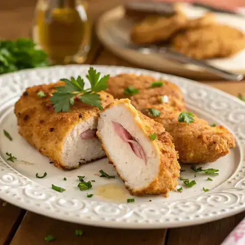 Photorealistic image of sliced chicken cutlets on a wooden tabletop, emphasizing their crispy texture and tender meat.