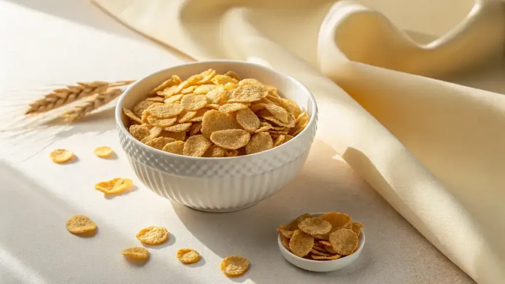 A white ceramic bowl filled with golden sorghum flakes, viewed from above against a soft beige gradient background.