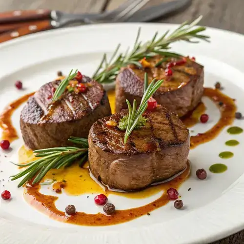 Juicy beef medallions resting on a plate with herbs and pan juices.