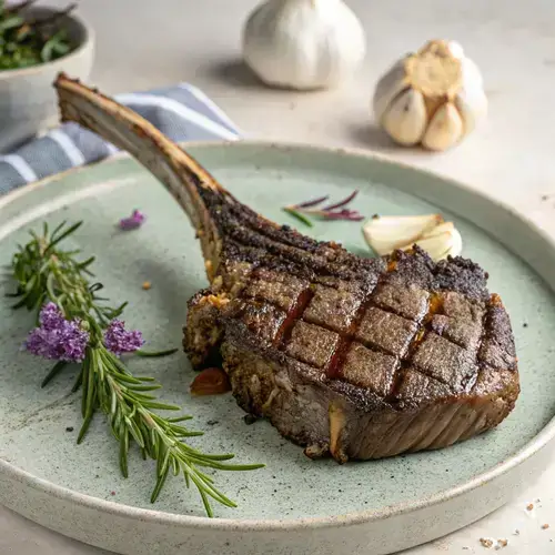 Tomahawk steak with intricate char patterns, surrounded by garlic and herbs on a gray plate.