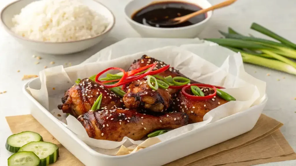 A close-up of grilled chicken thighs with a caramelized glaze, garnished with red chili slices and green onion curls, served on parchment paper in a white dish.