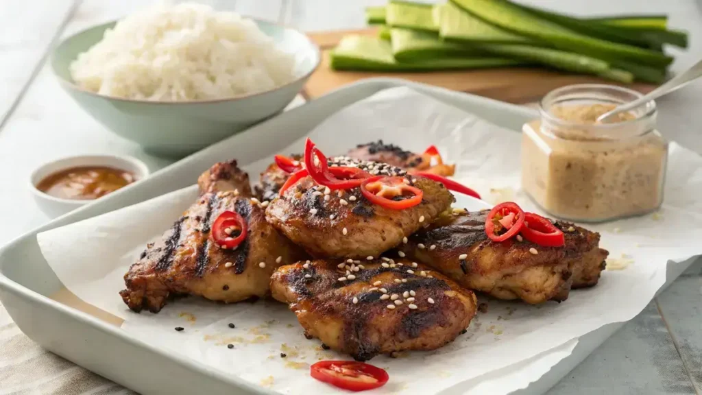 Grilled chicken thighs marinated with an asian marinade for chicken, garnished with chili slices and sesame seeds on a parchment-lined tray.