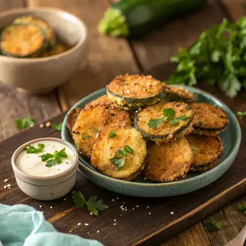 Crispy air-fried zucchini chips served with a creamy dip on a rustic table.