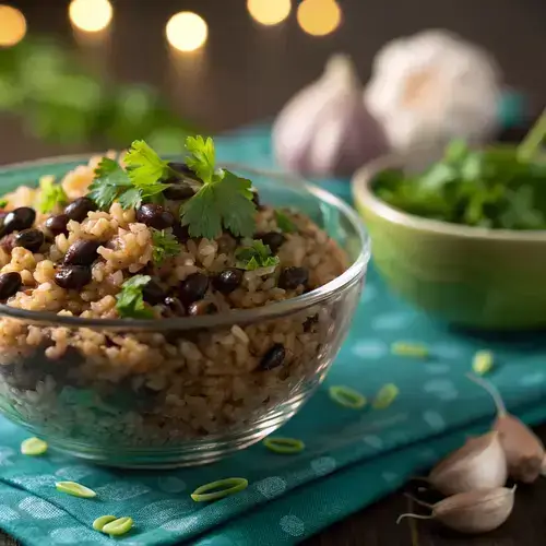 A clear glass bowl filled with brown rice and black beans, surrounded by cilantro and a garlic bulb, with a soft bokeh background.