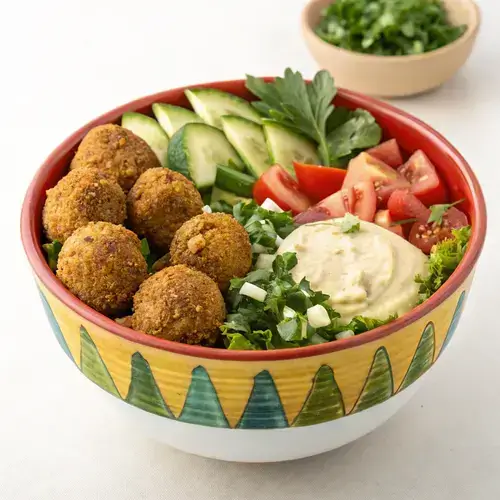 A close-up of a Falafel Bowl showcasing falafel, greens, and tahini.