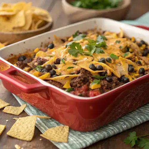 Close-up of a COWBOY CASSEROLE showing layers of ingredients and melted cheese.