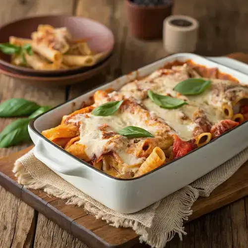 A baked dish of Chicken Baked Ziti, fresh out of the oven, with bubbling cheese and a golden crust.