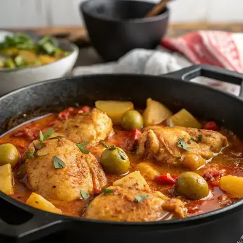 A vibrant chicken stew, pollo guisado, in a skillet with crispy chicken, potatoes, and parsley on top.