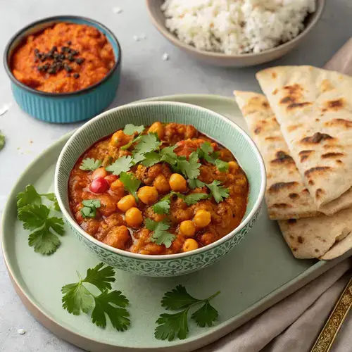Chickpea curry dish with cilantro, rice, and flatbread on a wooden table.