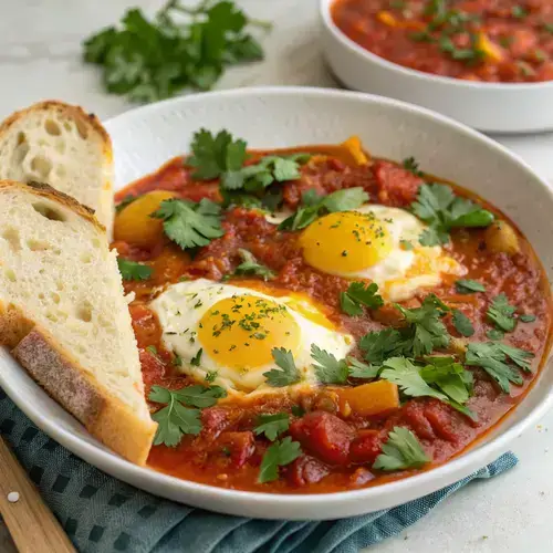A close-up of Shakshouka showcasing eggs in a thick tomato sauce, garnished with herbs.
