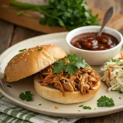 Tender shredded Slow Cooker BBQ Chicken on a bun with BBQ sauce and parsley.