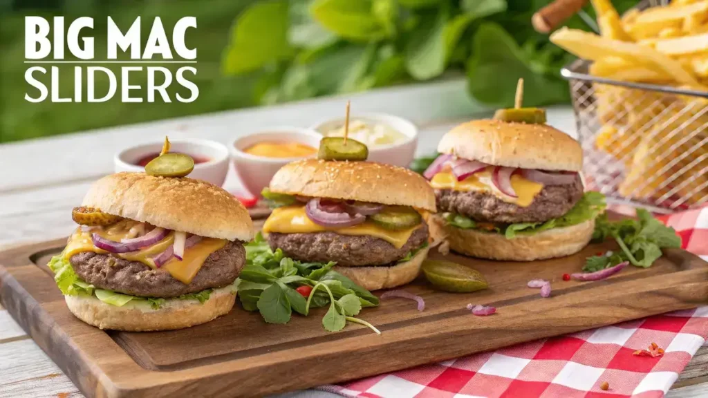 A close-up of BIG MAC SLIDERS with special sauce, cheese, lettuce, pickles, and onions on toasted buns.