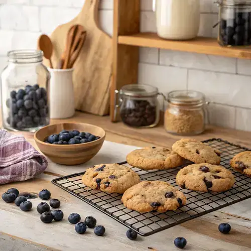 A plate of warm BLUEBERRY COOKIES with a glass of milk in the background.