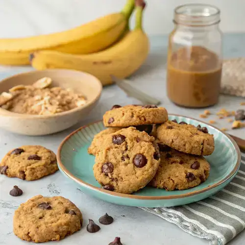 Freshly baked Breakfast Cookies on a cooling rack, with chocolate chips melting and a sprinkle of oats in the background.