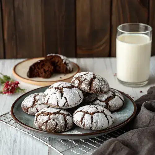 Freshly baked CHOCOLATE CRINKLE COOKIES on a wooden table with powdered sugar coating.