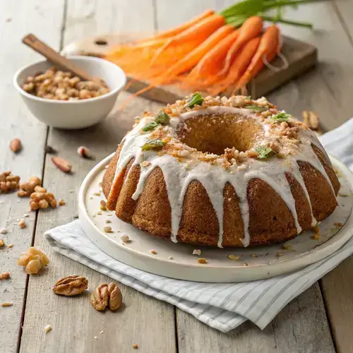 Carrot bundt cake with nuts and carrots, elegantly presented on a rustic table.