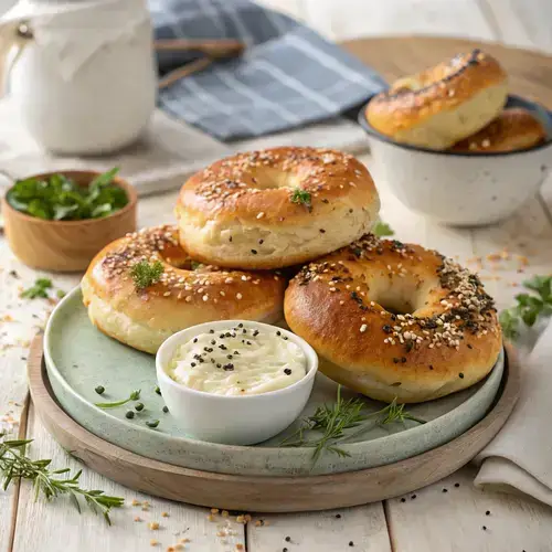 Cottage cheese bagels served with cream cheese and herbs.