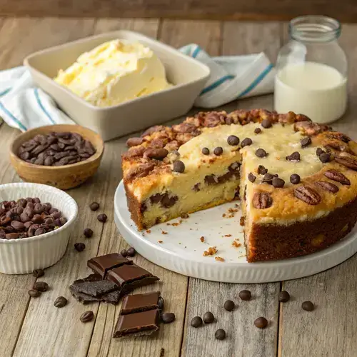 Whole Earthquake Cake on a wooden table with baking ingredients around it.