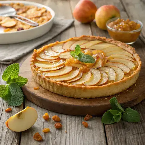 Sliced French apple tart served on a plate with a fork beside it.