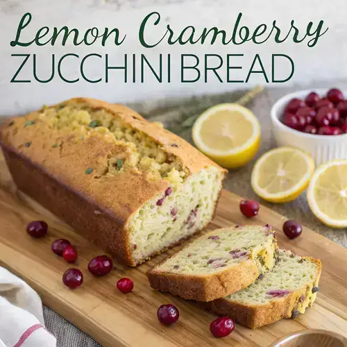 A loaf of LEMON CRANBERRY ZUCCHINI BREAD on a wooden cutting board, garnished with lemon slices and cranberries.