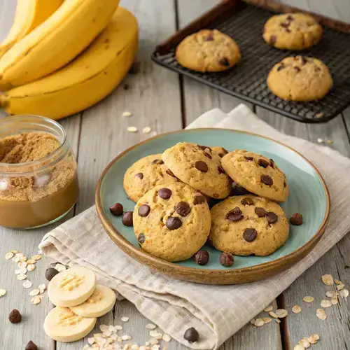 Freshly baked protein cookies on a wooden table with ingredients around them.