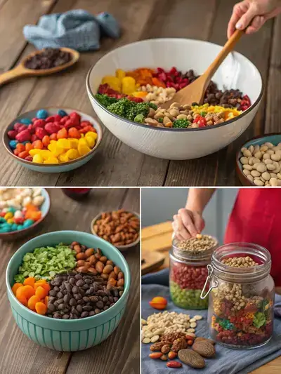 Four-part image showing the process of making homemade trail mix, including ingredients, mixing, and storage.