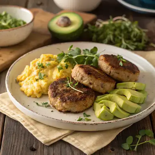 Golden-brown turkey breakfast sausage patties on a plate with fresh herbs.
