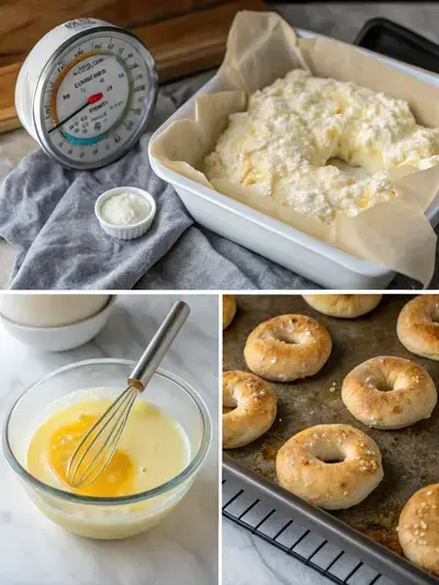 Illustrative guide on how to make amazing cottage cheese bagels, featuring the combination of ingredients, shaping of the dough, and final preparation for baking.