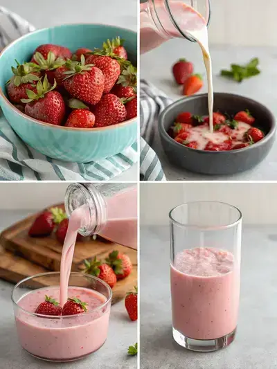 Illustration of making Strawberry Milk, showing the washing of strawberries, blending them with milk, mixing, and serving chilled.