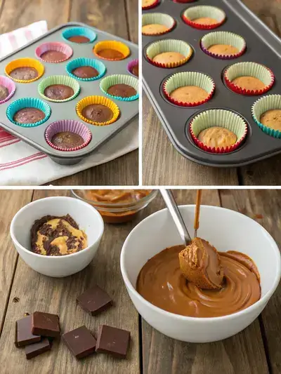 Step-by-step process of making PEANUT BUTTER MARSHMALLOW CUPS, including lined muffin tin, melted chocolate, peanut butter filling, and finished cups.