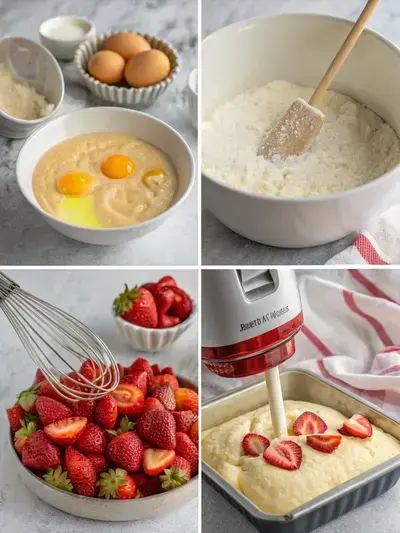 Step-by-step process of making Strawberry Shortcake Poke Cake, including mixing batter, baking, poking holes, and pouring gelatin.