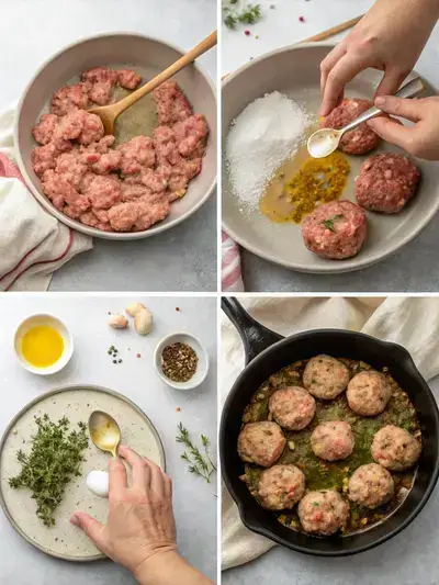 Step-by-step process of making turkey breakfast sausage, including mixing ingredients, shaping patties, heating skillet, and cooking patties.