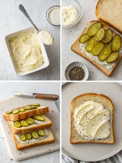 Step-by-step process of making a pickle sandwich, showcasing butter, mayonnaise, pickles, and the final sandwich.