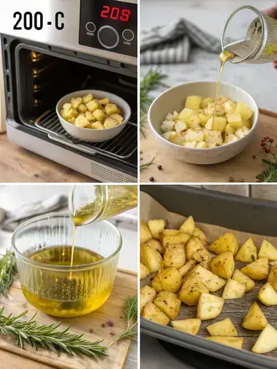 Step-by-step process of preparing diced potatoes, from preheating the oven to serving roasted potatoes.