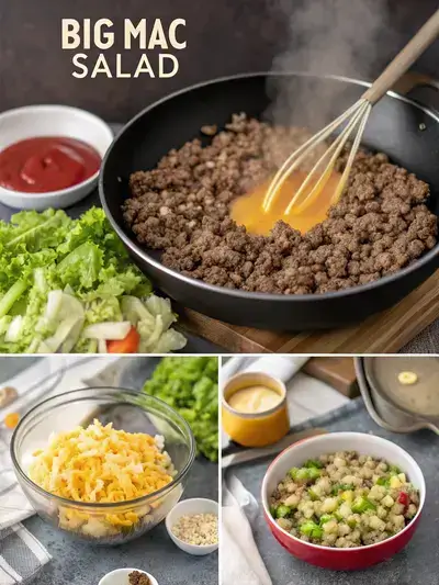 A step-by-step visual guide to making a BIG MAC SALAD, featuring cooked ground beef, Big Mac dressing ingredients, a colorful salad mixture, and the final dressed salad.