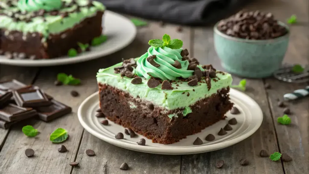 Delicious CHOCOLATE MINT POKE CAKE with green whipped topping and chocolate shavings.