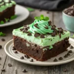 Delicious CHOCOLATE MINT POKE CAKE with green whipped topping and chocolate shavings.