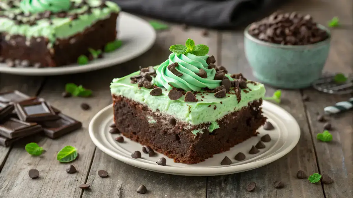 Delicious CHOCOLATE MINT POKE CAKE with green whipped topping and chocolate shavings.