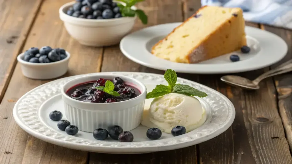 Delicious Blueberry Compote Recipe served with vanilla cake and ice cream.