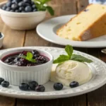 Delicious Blueberry Compote Recipe served with vanilla cake and ice cream.