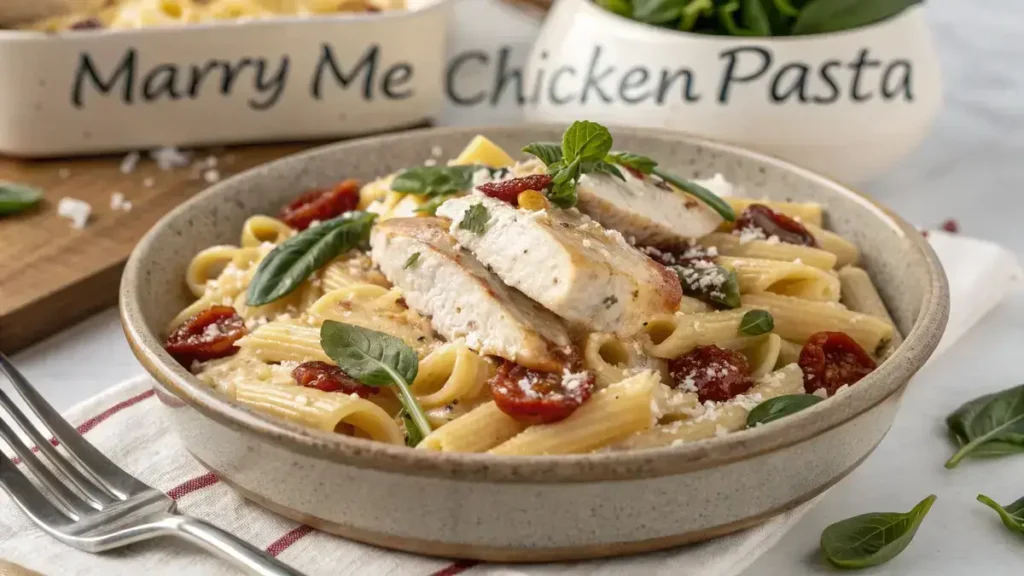 A delicious serving of marry me chicken pasta topped with fresh basil and Parmesan cheese.